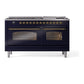 ILVE Nostalgie II 60-Inch Dual Fuel Range with 9 Sealed Burners + Griddle, 5.8 cu. ft. Oven, Midnight Blue with Brass Trim, Liquid Propane, Triple Glass Door, UP60FNMPMBGLP