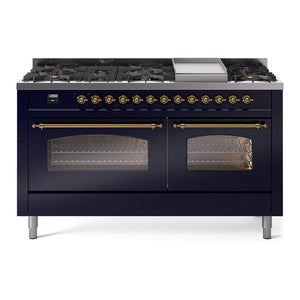 ILVE Nostalgie II 60-Inch Dual Fuel Range with 9 Sealed Burners + Griddle, 5.8 cu. ft. Oven, Midnight Blue with Brass Trim, Natural Gas, Triple Glass Door, UP60FNMPMBG