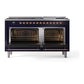 ILVE Nostalgie II 60-Inch Dual Fuel Range with 9 Sealed Burners + Griddle, 5.8 cu. ft. Oven, Midnight Blue with Copper Trim, Liquid Propane, Triple Glass Door, UP60FNMPMBPLP