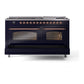 ILVE Nostalgie II 60-Inch Dual Fuel Range with 9 Sealed Burners + Griddle, 5.8 cu. ft. Oven, Midnight Blue with Copper Trim, Liquid Propane, Triple Glass Door, UP60FNMPMBPLP