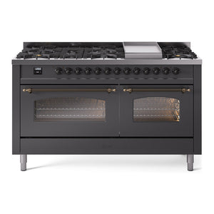 ILVE Nostalgie II 60-Inch Dual Fuel Range with 9 Sealed Burners + Griddle, 5.8 cu. ft. Oven, Graphite Matte with Burnished Trim, Natural Gas, Triple Glass Door, UP60FNMPMGB