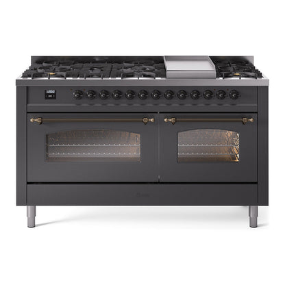ILVE Nostalgie II 60-Inch Dual Fuel Range with 9 Sealed Burners + Griddle, 5.8 cu. ft. Oven, Graphite Matte with Burnished Trim, Natural Gas, Triple Glass Door, UP60FNMPMGB