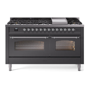 ILVE Nostalgie II 60-Inch Dual Fuel Range with 9 Sealed Burners + Griddle, 5.8 cu. ft. Oven, Graphite Matte with Chrome Trim, Natural Gas, Triple Glass Door, UP60FNMPMGC