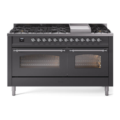 ILVE Nostalgie II 60-Inch Dual Fuel Range with 9 Sealed Burners + Griddle, 5.8 cu. ft. Oven, Graphite Matte with Chrome Trim, Natural Gas, Triple Glass Door, UP60FNMPMGC