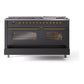 ILVE Nostalgie II 60-Inch Dual Fuel Range with 9 Sealed Burners + Griddle, 5.8 cu. ft. Oven, Graphite Matte with Brass Trim, Liquid Propane, Triple Glass Door, UP60FNMPMGGLP