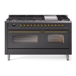 ILVE Nostalgie II 60-Inch Dual Fuel Range with 9 Sealed Burners + Griddle, 5.8 cu. ft. Oven, Graphite Matte with Brass Trim, Natural Gas, Triple Glass Door, UP60FNMPMGG