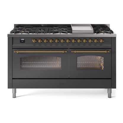 ILVE Nostalgie II 60-Inch Dual Fuel Range with 9 Sealed Burners + Griddle, 5.8 cu. ft. Oven, Graphite Matte with Brass Trim, Natural Gas, Triple Glass Door, UP60FNMPMGG