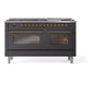 ILVE Nostalgie II 60-Inch Dual Fuel Range with 9 Sealed Burners + Griddle, 5.8 cu. ft. Oven, Graphite Matte with Brass Trim, Natural Gas, Triple Glass Door, UP60FNMPMGG