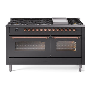 ILVE Nostalgie II 60-Inch Dual Fuel Range with 9 Sealed Burners + Griddle, 5.8 cu. ft. Oven, Graphite Matte with Copper Trim, Natural Gas, Triple Glass Door, UP60FNMPMGP