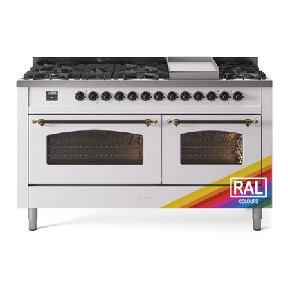 ILVE Nostalgie II 60-Inch Dual Fuel Range with 9 Sealed Burners + Griddle, 5.8 cu. ft. Oven, RAL with Burnished Trim, Natural Gas, Triple Glass Door, UP60FNMPRAB