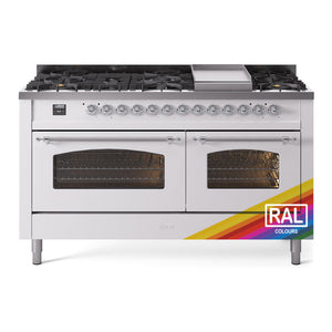 ILVE Nostalgie II 60-Inch Dual Fuel Range with 9 Sealed Burners + Griddle, 5.8 cu. ft. Oven, RAL with Chrome Trim, Natural Gas, Triple Glass Door, UP60FNMPRAC