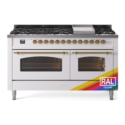 ILVE Nostalgie II 60-Inch Dual Fuel Range with 9 Sealed Burners + Griddle, 5.8 cu. ft. Oven, RAL with Brass Trim, Liquid Propane, Triple Glass Door, UP60FNMPRAGLP