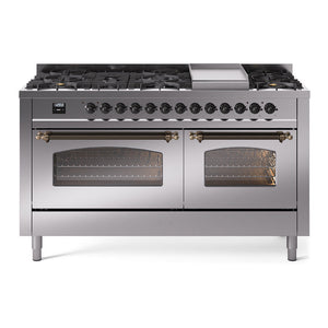 ILVE Nostalgie II 60-Inch Dual Fuel Range with 9 Sealed Burners + Griddle, 5.8 cu. ft. Oven, Stainless Steel with Burnished Trim, Liquid Propane, Triple Glass Door, UP60FNMPSSBLP