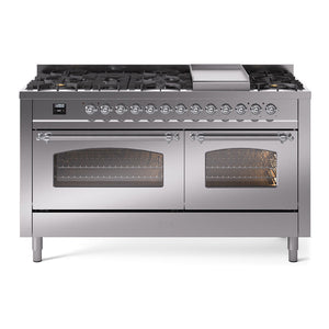 ILVE Nostalgie II 60-Inch Dual Fuel Range with 9 Sealed Burners + Griddle, 5.8 cu. ft. Oven, Stainless Steel with Chrome Trim, Natural Gas, Triple Glass Door, UP60FNMPSSC