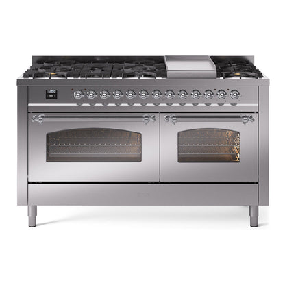 ILVE Nostalgie II 60-Inch Dual Fuel Range with 9 Sealed Burners + Griddle, 5.8 cu. ft. Oven, Stainless Steel with Chrome Trim, Natural Gas, Triple Glass Door, UP60FNMPSSC