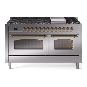 ILVE Nostalgie II 60-Inch Dual Fuel Range with 9 Sealed Burners + Griddle, 5.8 cu. ft. Oven, Stainless Steel with Brass Trim, Liquid Propane, Triple Glass Door, UP60FNMPSSGLP