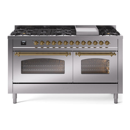 ILVE Nostalgie II 60-Inch Dual Fuel Range with 9 Sealed Burners + Griddle, 5.8 cu. ft. Oven, Stainless Steel with Brass Trim, Natural Gas, Triple Glass Door, UP60FNMPSSG