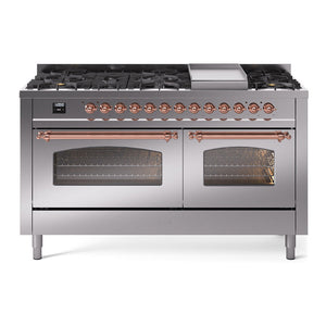 ILVE Nostalgie II 60-Inch Dual Fuel Range with 9 Sealed Burners + Griddle, 5.8 cu. ft. Oven, Stainless Steel with Copper Trim, Natural Gas, Triple Glass Door, UP60FNMPSSP