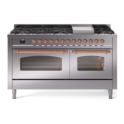 ILVE Nostalgie II 60-Inch Dual Fuel Range with 9 Sealed Burners + Griddle, 5.8 cu. ft. Oven, Stainless Steel with Copper Trim, Natural Gas, Triple Glass Door, UP60FNMPSSP