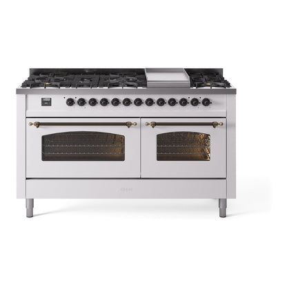 ILVE Nostalgie II 60-Inch Dual Fuel Range with 9 Sealed Burners + Griddle, 5.8 cu. ft. Oven, White with Burnished Trim, Liquid Propane, Triple Glass Door, UP60FNMPWHBLP