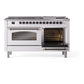 ILVE Nostalgie II 60-Inch Dual Fuel Range with 9 Sealed Burners + Griddle, 5.8 cu. ft. Oven, White with Burnished Trim, Liquid Propane, Triple Glass Door, UP60FNMPWHBLP