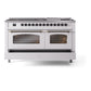 ILVE Nostalgie II 60-Inch Dual Fuel Range with 9 Sealed Burners + Griddle, 5.8 cu. ft. Oven, White with Burnished Trim, Liquid Propane, Triple Glass Door, UP60FNMPWHBLP