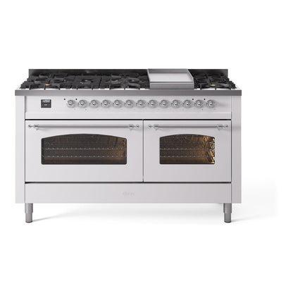 ILVE Nostalgie II 60-Inch Dual Fuel Range with 9 Sealed Burners + Griddle, 5.8 cu. ft. Oven, White with Chrome Trim, Liquid Propane, Triple Glass Door, UP60FNMPWHCLP