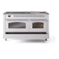 ILVE Nostalgie II 60-Inch Dual Fuel Range with 9 Sealed Burners + Griddle, 5.8 cu. ft. Oven, White with Chrome Trim, Natural Gas, Triple Glass Door, UP60FNMPWHC
