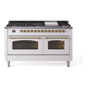 ILVE Nostalgie II 60-Inch Dual Fuel Range with 9 Sealed Burners + Griddle, 5.8 cu. ft. Oven, White with Brass Trim, Liquid Propane, Triple Glass Door, UP60FNMPWHGLP