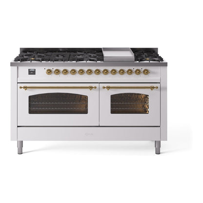 ILVE Nostalgie II 60-Inch Dual Fuel Range with 9 Sealed Burners + Griddle, 5.8 cu. ft. Oven, White with Brass Trim, Liquid Propane, Triple Glass Door, UP60FNMPWHGLP