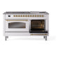 ILVE Nostalgie II 60-Inch Dual Fuel Range with 9 Sealed Burners + Griddle, 5.8 cu. ft. Oven, White with Brass Trim, Liquid Propane, Triple Glass Door, UP60FNMPWHGLP