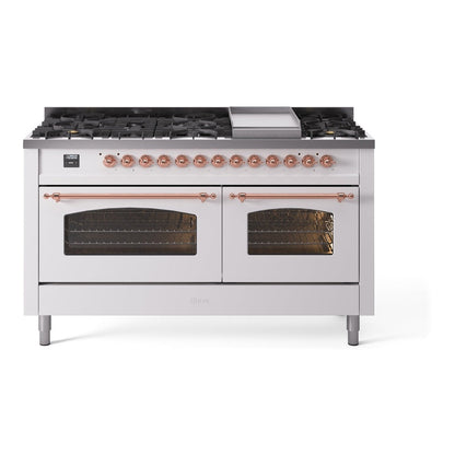 ILVE Nostalgie II 60-Inch Dual Fuel Range with 9 Sealed Burners + Griddle, 5.8 cu. ft. Oven, White with Copper Trim, Natural Gas, Triple Glass Door, UP60FNMPWHP