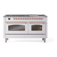 ILVE Nostalgie II 60-Inch Dual Fuel Range with 9 Sealed Burners + Griddle, 5.8 cu. ft. Oven, White with Copper Trim, Natural Gas, Triple Glass Door, UP60FNMPWHP