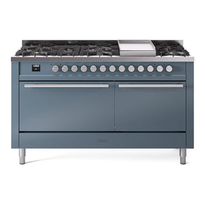 ILVE Professional Plus II 60-Inch Dual Fuel Range with 9 Sealed Burners + Griddle, 5.8 cu. ft. Oven, Blue Grey, Liquid Propane, Solid Door, UP60FQMPBGLP