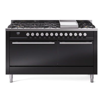 ILVE Professional Plus II 60-Inch Dual Fuel Range with 9 Sealed Burners + Griddle, 5.8 cu. ft. Oven, Glossy Black, Liquid Propane, Solid Door, UP60FQMPBKLP