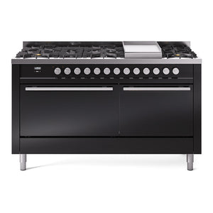 ILVE Professional Plus II 60-Inch Dual Fuel Range with 9 Sealed Burners + Griddle, 5.8 cu. ft. Oven, Glossy Black, Natural Gas, Solid Door, UP60FQMPBK