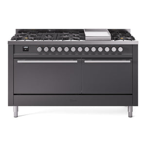 ILVE Professional Plus II 60-Inch Dual Fuel Range with 9 Sealed Burners + Griddle, 5.8 cu. ft. Oven, Graphite Matte, Liquid Propane, Solid Door, UP60FQMPMGLP