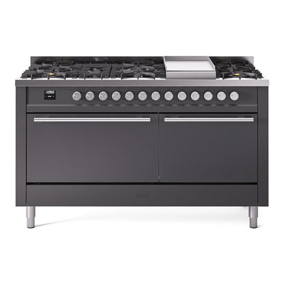 ILVE Professional Plus II 60-Inch Dual Fuel Range with 9 Sealed Burners + Griddle, 5.8 cu. ft. Oven, Graphite Matte, Natural Gas, Solid Door, UP60FQMPMG