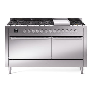 ILVE Professional Plus II 60-Inch Dual Fuel Range with 9 Sealed Burners + Griddle, 5.8 cu. ft. Oven, Stainless Steel, Natural Gas, Solid Door, UP60FQMPSS