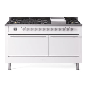 ILVE Professional Plus II 60-Inch Dual Fuel Range with 9 Sealed Burners + Griddle, 5.8 cu. ft. Oven, White, Natural Gas, Solid Door, UP60FQMPWH