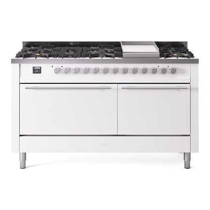 ILVE Professional Plus II 60-Inch Dual Fuel Range with 9 Sealed Burners + Griddle, 5.8 cu. ft. Oven, White, Natural Gas, Solid Door, UP60FQMPWH