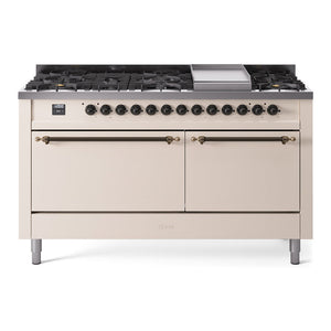ILVE Nostalgie II 60-Inch Dual Fuel Range with 9 Sealed Burners + Griddle, 5.8 cu. ft. Oven, Antique White with Burnished Trim, Liquid Propane, Solid Door, UP60FQNMPAWBLP