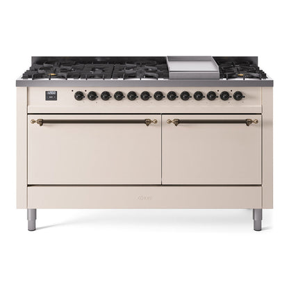 ILVE Nostalgie II 60-Inch Dual Fuel Range with 9 Sealed Burners + Griddle, 5.8 cu. ft. Oven, Antique White with Burnished Trim, Natural Gas, Solid Door, UP60FQNMPAWB