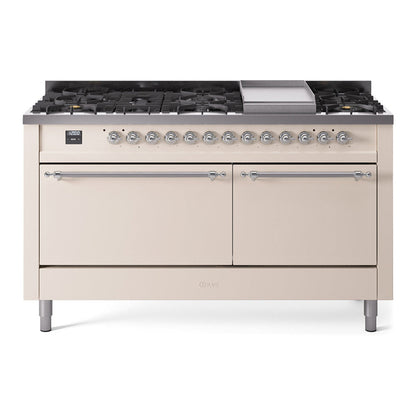 ILVE Nostalgie II 60-Inch Dual Fuel Range with 9 Sealed Burners + Griddle, 5.8 cu. ft. Oven, Antique White with Chrome Trim, Natural Gas, Solid Door, UP60FQNMPAWC