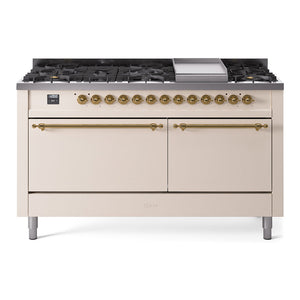 ILVE Nostalgie II 60-Inch Dual Fuel Range with 9 Sealed Burners + Griddle, 5.8 cu. ft. Oven, Antique White with Brass Trim, Liquid Propane, Solid Door, UP60FQNMPAWGLP
