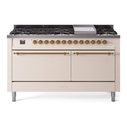 ILVE Nostalgie II 60-Inch Dual Fuel Range with 9 Sealed Burners + Griddle, 5.8 cu. ft. Oven, Antique White with Brass Trim, Natural Gas, Solid Door, UP60FQNMPAWG