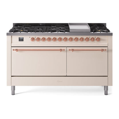ILVE Nostalgie II 60-Inch Dual Fuel Range with 9 Sealed Burners + Griddle, 5.8 cu. ft. Oven, Antique White with Copper Trim, Liquid Propane, Solid Door, UP60FQNMPAWPLP