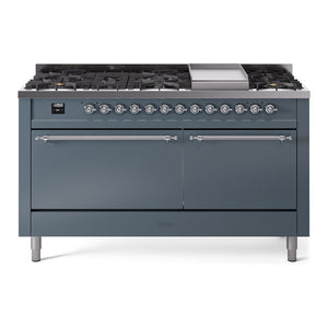 ILVE Nostalgie II 60-Inch Dual Fuel Range with 9 Sealed Burners + Griddle, 5.8 cu. ft. Oven, Blue Grey with Chrome Trim, Liquid Propane, Solid Door, UP60FQNMPBGCLP