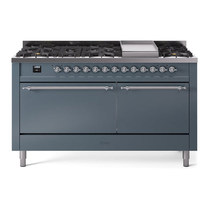 ILVE Nostalgie II 60-Inch Dual Fuel Range with 9 Sealed Burners + Griddle, 5.8 cu. ft. Oven, Blue Grey with Chrome Trim, Liquid Propane, Solid Door, UP60FQNMPBGCLP