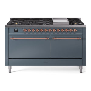 ILVE Nostalgie II 60-Inch Dual Fuel Range with 9 Sealed Burners + Griddle, 5.8 cu. ft. Oven, Blue Grey with Copper Trim, Liquid Propane, Solid Door, UP60FQNMPBGPLP